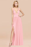 Sexy Deep V-Neck Sleeveless Bridesmaid Dress Burgundy Chiffon Wedding Party Dress