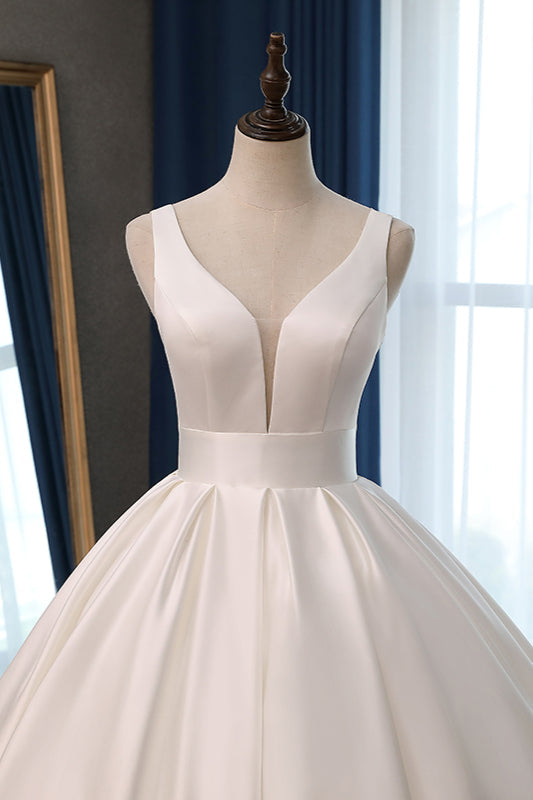 Sexy Deep-V-Neck Straps Satin Wedding Dress Ball Gown Ruffles Sleeveless Bridal Gowns Online