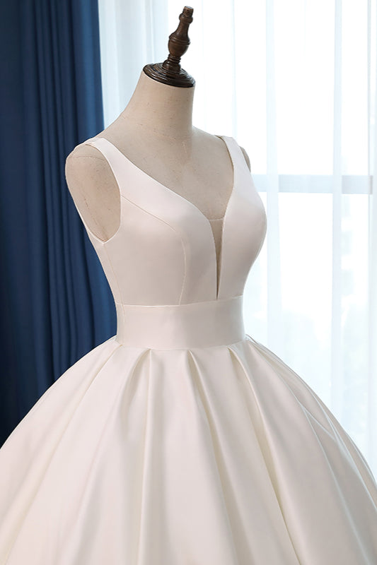 Sexy Deep-V-Neck Straps Satin Wedding Dress Ball Gown Ruffles Sleeveless Bridal Gowns Online