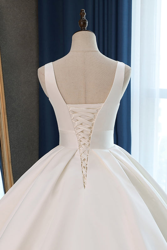 Sexy Deep-V-Neck Straps Satin Wedding Dress Ball Gown Ruffles Sleeveless Bridal Gowns Online