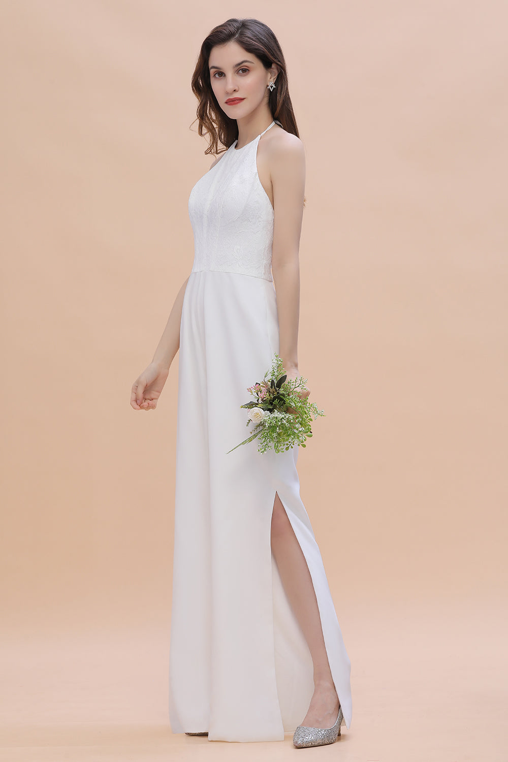 Sexy Halter Backless Lace Bridesmaid Jumpsuit with Slits On Sale