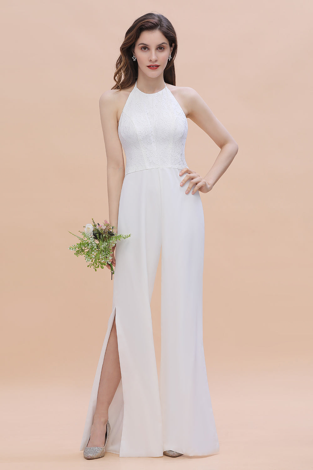 Sexy Halter Backless Lace Bridesmaid Jumpsuit with Slits On Sale
