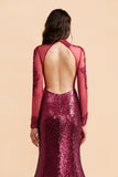 Sexy High-Neck Burgundy Sequined Slit Prom Dresses Long Sleeves Appliques Backless Formal Dress with Sheer Top