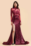 Sexy High-Neck Burgundy Sequined Slit Prom Dresses Long Sleeves Appliques Backless Formal Dress with Sheer Top