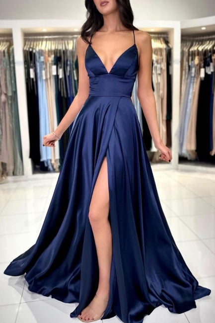 Sexy Long Simple Navy Blue Spaghetti Straps Prom Dress with Elegant Sl – Newinlook