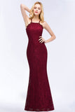 Sexy Mermaid Lace Long Burgundy Bridesmaid Dresses with Crisscross Back