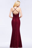 Sexy Mermaid Lace Long Burgundy Bridesmaid Dresses with Crisscross Back