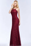 Sexy Mermaid Lace Long Burgundy Bridesmaid Dresses with Crisscross Back