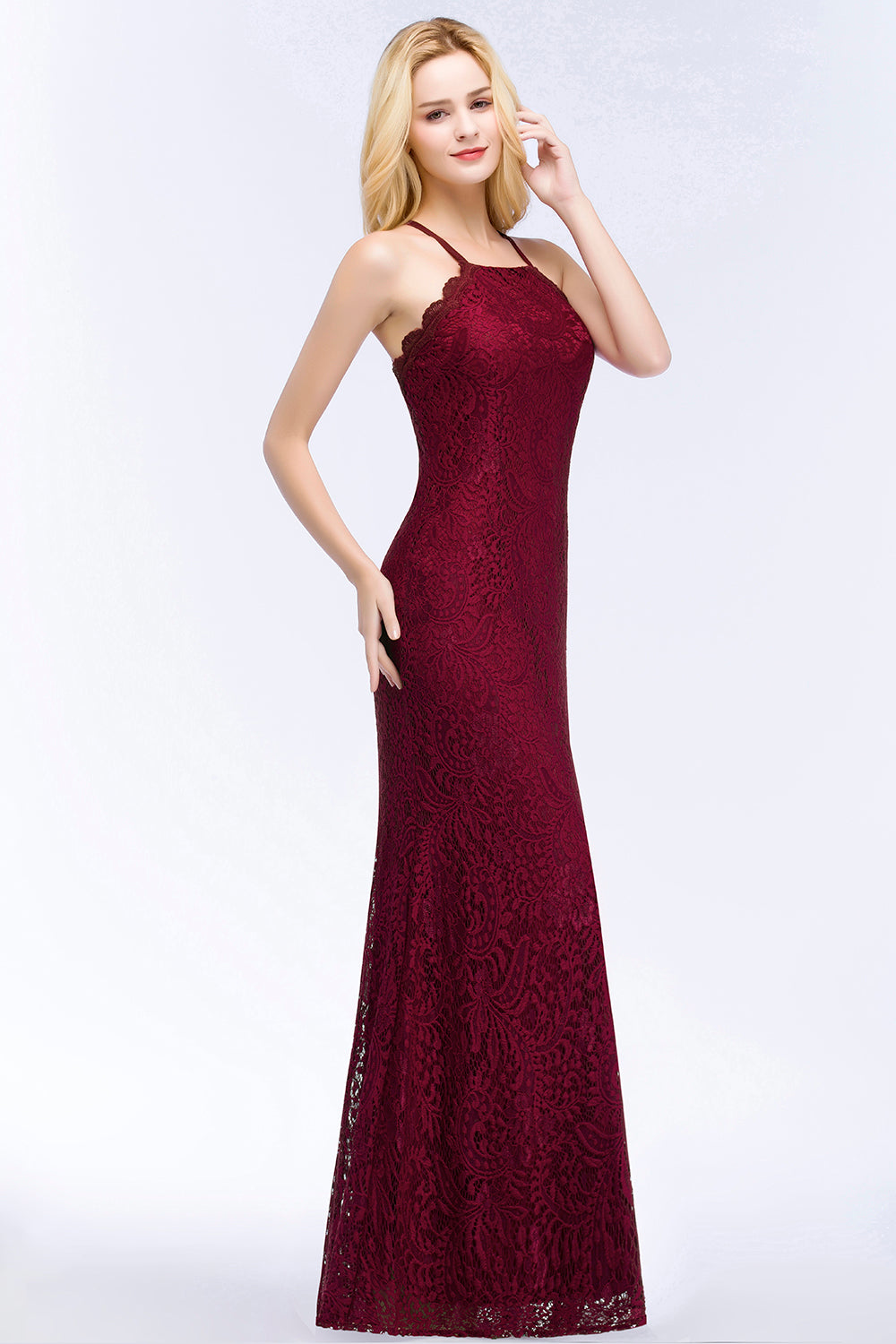 Sexy Mermaid Lace Long Burgundy Bridesmaid Dresses with Crisscross Back
