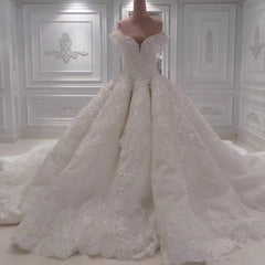 Sexy Off-the-shoulder A-line Lace Wedding Dresses White Ruffles Bridal Gowns With Appliques Online