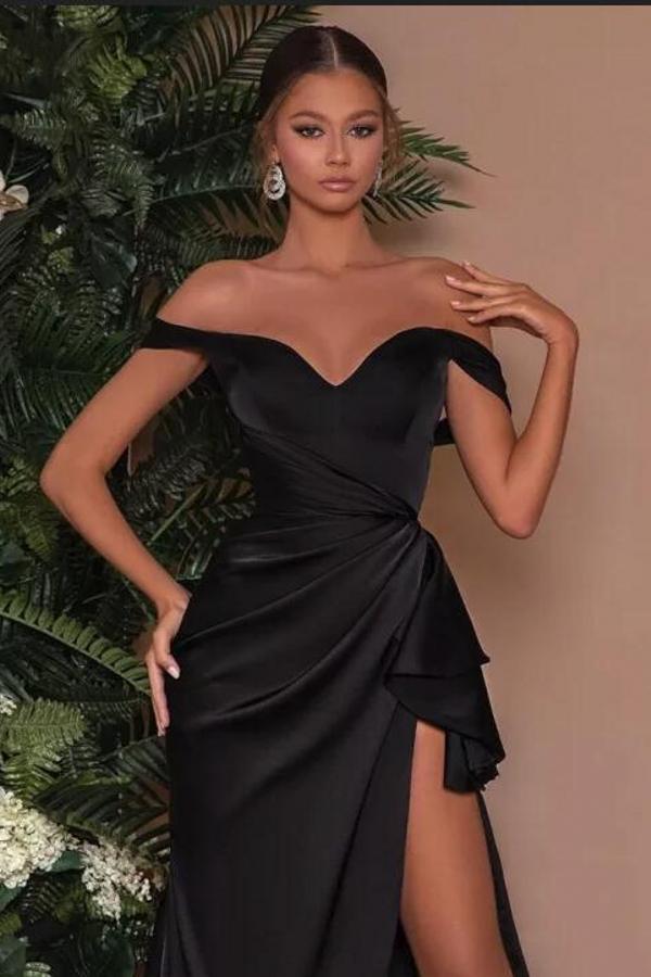 Sexy Off-the-Shoulder Black Side Slit Evening Dress Satin Long Prom Dr Newinlook Sexy Off-the-Shoulder Black Side Slit Evening Dress Satin Long Prom Dr Newinlook