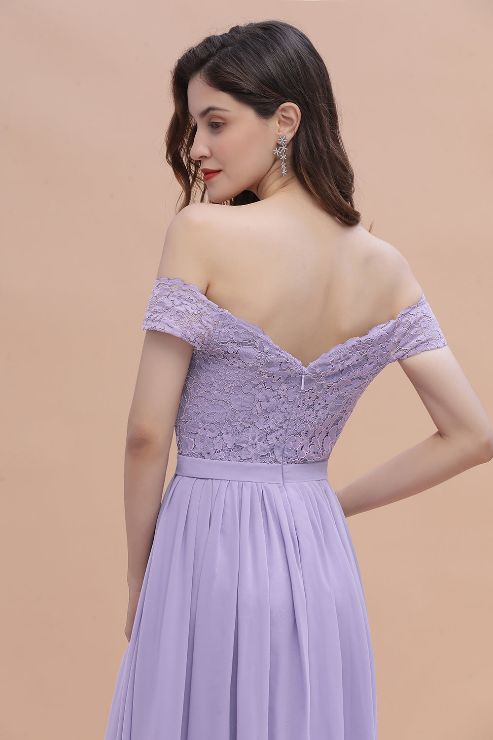 Sexy Off-the-Shoulder Lace Chiffon Ruffles Bridesmaid Dress with Slit On Sale