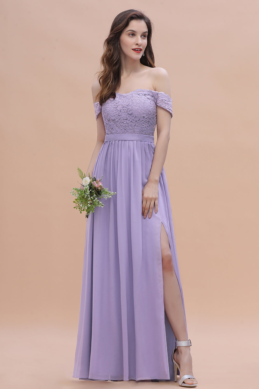 Sexy Off-the-Shoulder Lace Chiffon Ruffles Bridesmaid Dress with Slit On Sale