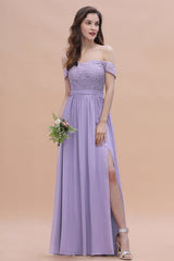 Sexy Off-the-Shoulder Lace Chiffon Ruffles Bridesmaid Dress with Slit On Sale