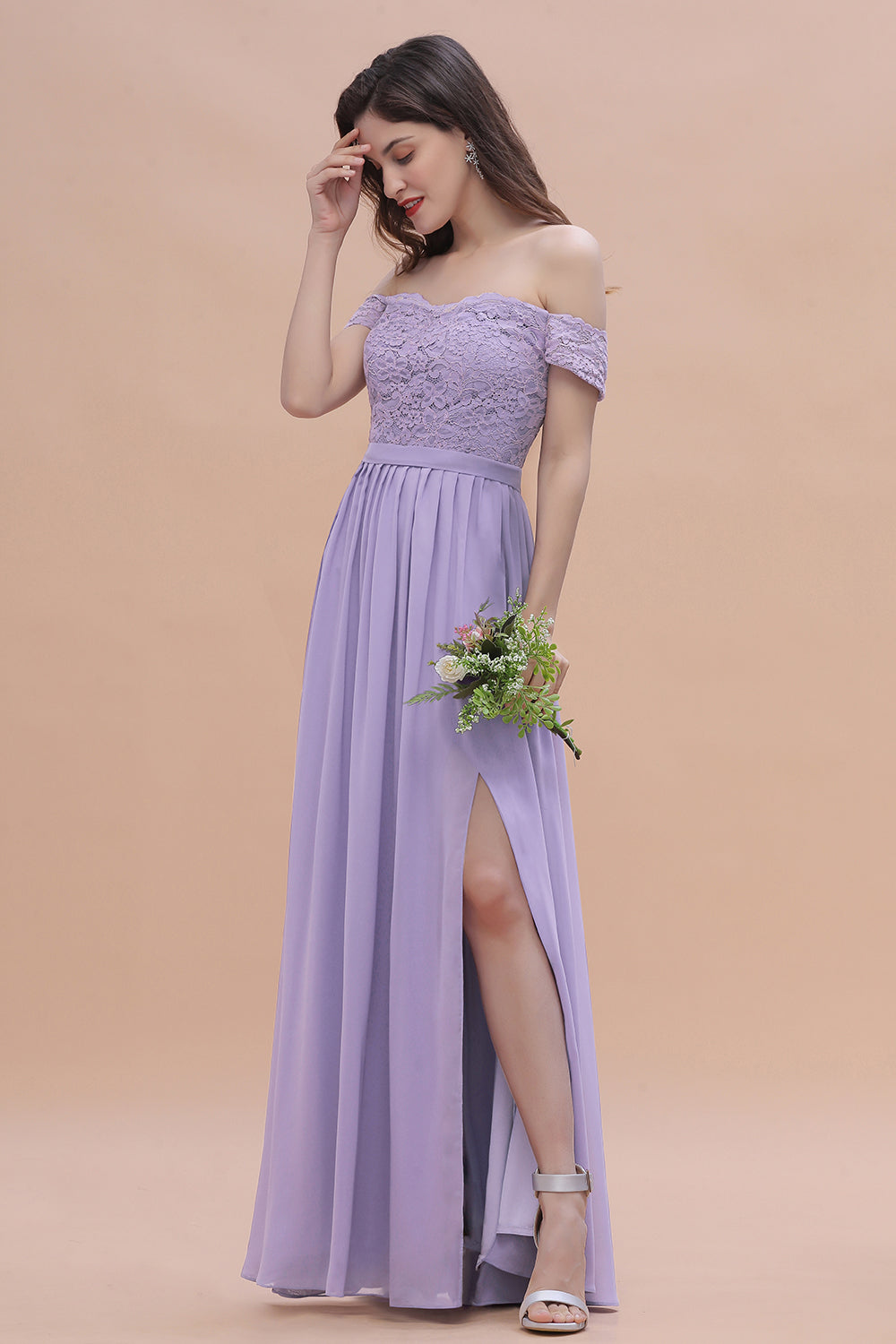 Sexy Off-the-Shoulder Lace Chiffon Ruffles Bridesmaid Dress with Slit On Sale