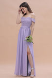 Sexy Off-the-Shoulder Lace Chiffon Ruffles Bridesmaid Dress with Slit On Sale
