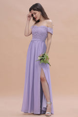 Sexy Off-the-Shoulder Lace Chiffon Ruffles Bridesmaid Dress with Slit On Sale