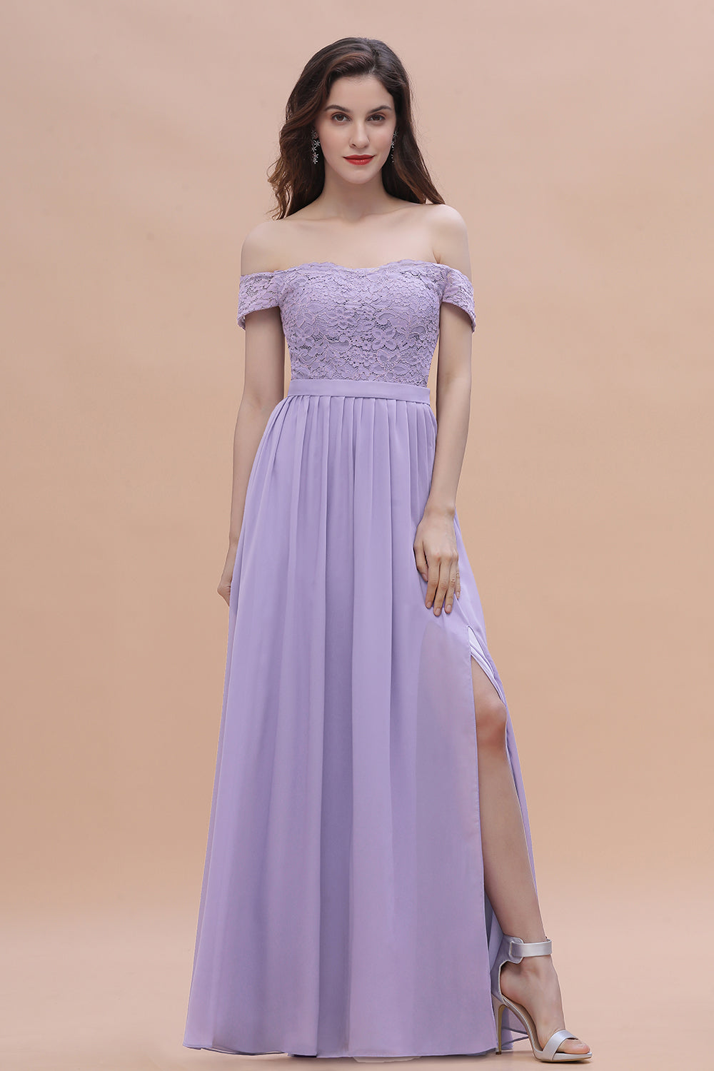 Sexy Off-the-Shoulder Lace Chiffon Ruffles Bridesmaid Dress with Slit On Sale