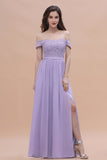Sexy Off-the-Shoulder Lace Chiffon Ruffles Bridesmaid Dress with Slit On Sale