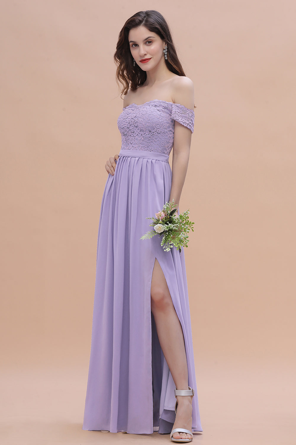 Sexy Off-the-Shoulder Lace Chiffon Ruffles Bridesmaid Dress with Slit On Sale