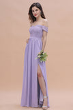 Sexy Off-the-Shoulder Lace Chiffon Ruffles Bridesmaid Dress with Slit On Sale