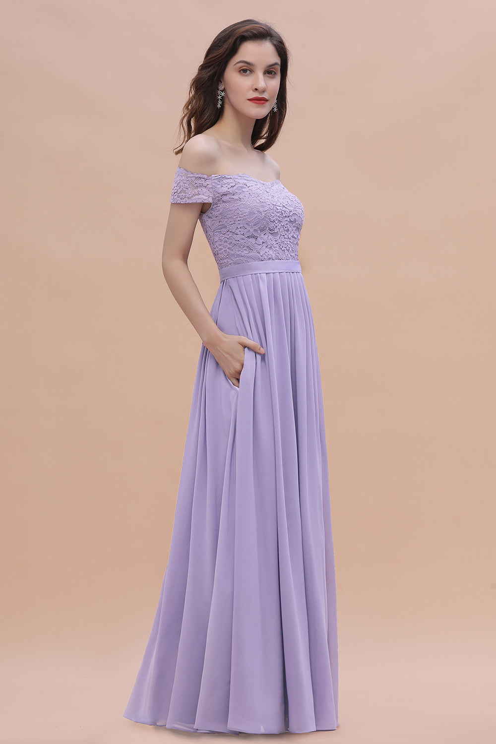 Sexy Off-the-Shoulder Lace Chiffon Ruffles Bridesmaid Dress with Slit On Sale