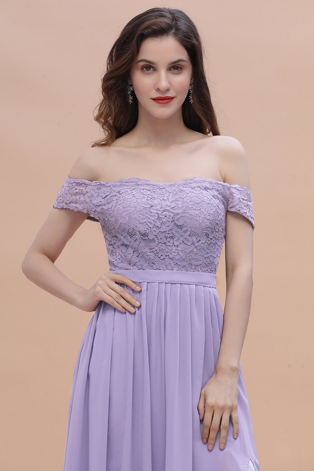Sexy Off-the-Shoulder Lace Chiffon Ruffles Bridesmaid Dress with Slit On Sale