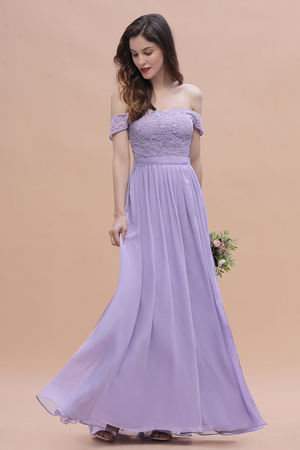 Sexy Off-the-Shoulder Lace Chiffon Ruffles Bridesmaid Dress with Slit On Sale
