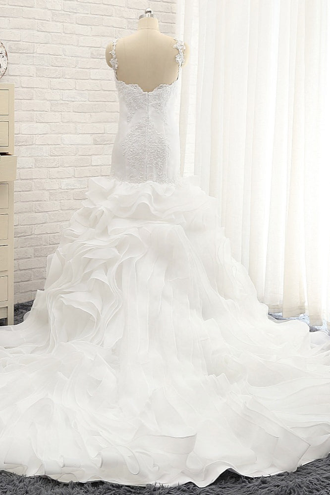 Sexy Sleeveless Straps Ruffles Wedding Dresses With Appliques White Mermaid Satin Bridal Gowns Online