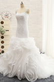 Sexy Sleeveless Straps Ruffles Wedding Dresses With Appliques White Mermaid Satin Bridal Gowns Online