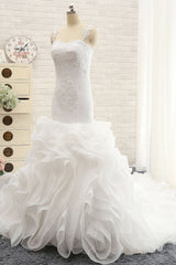 Sexy Sleeveless Straps Ruffles Wedding Dresses With Appliques White Mermaid Satin Bridal Gowns Online