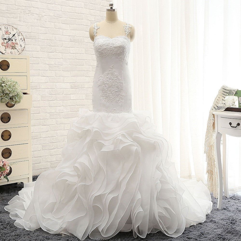 Sexy Sleeveless Straps Ruffles Wedding Dresses With Appliques White Mermaid Satin Bridal Gowns Online