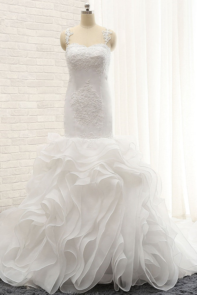 Sexy Sleeveless Straps Ruffles Wedding Dresses With Appliques White Mermaid Satin Bridal Gowns Online