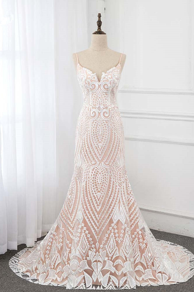 Sexy Spaghetti Straps Appliques Ivory Wedding Dresses V-Neck Sleeveless Bridal Gowns