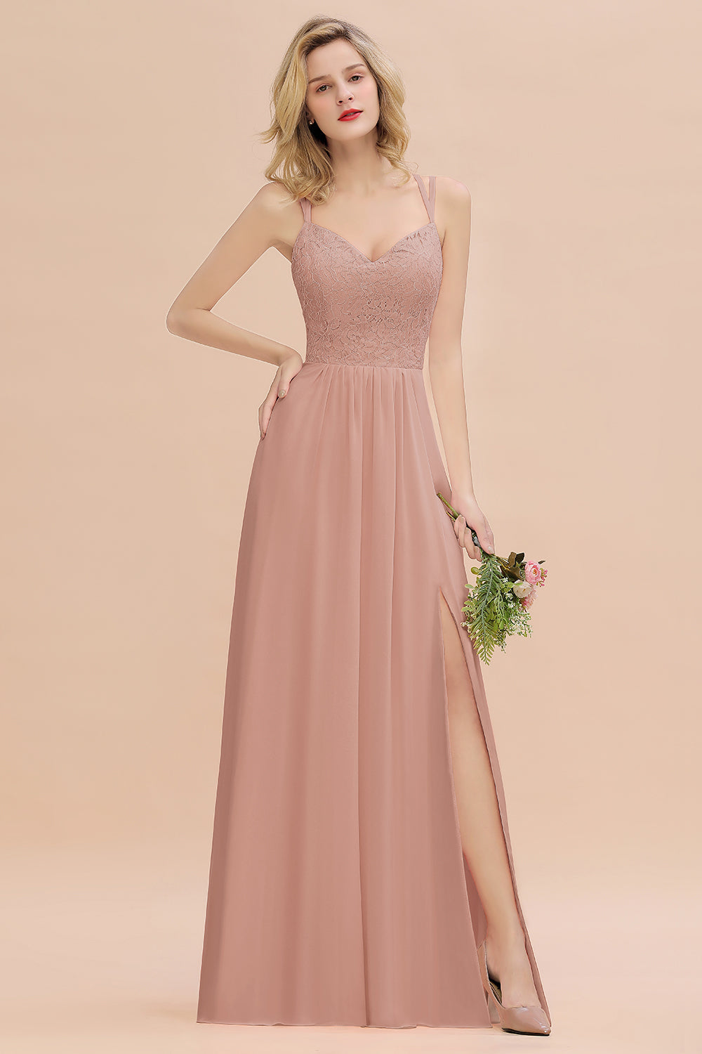 Sexy Spaghetti-Straps Coral Lace Bridesmaid Dresses with Slit