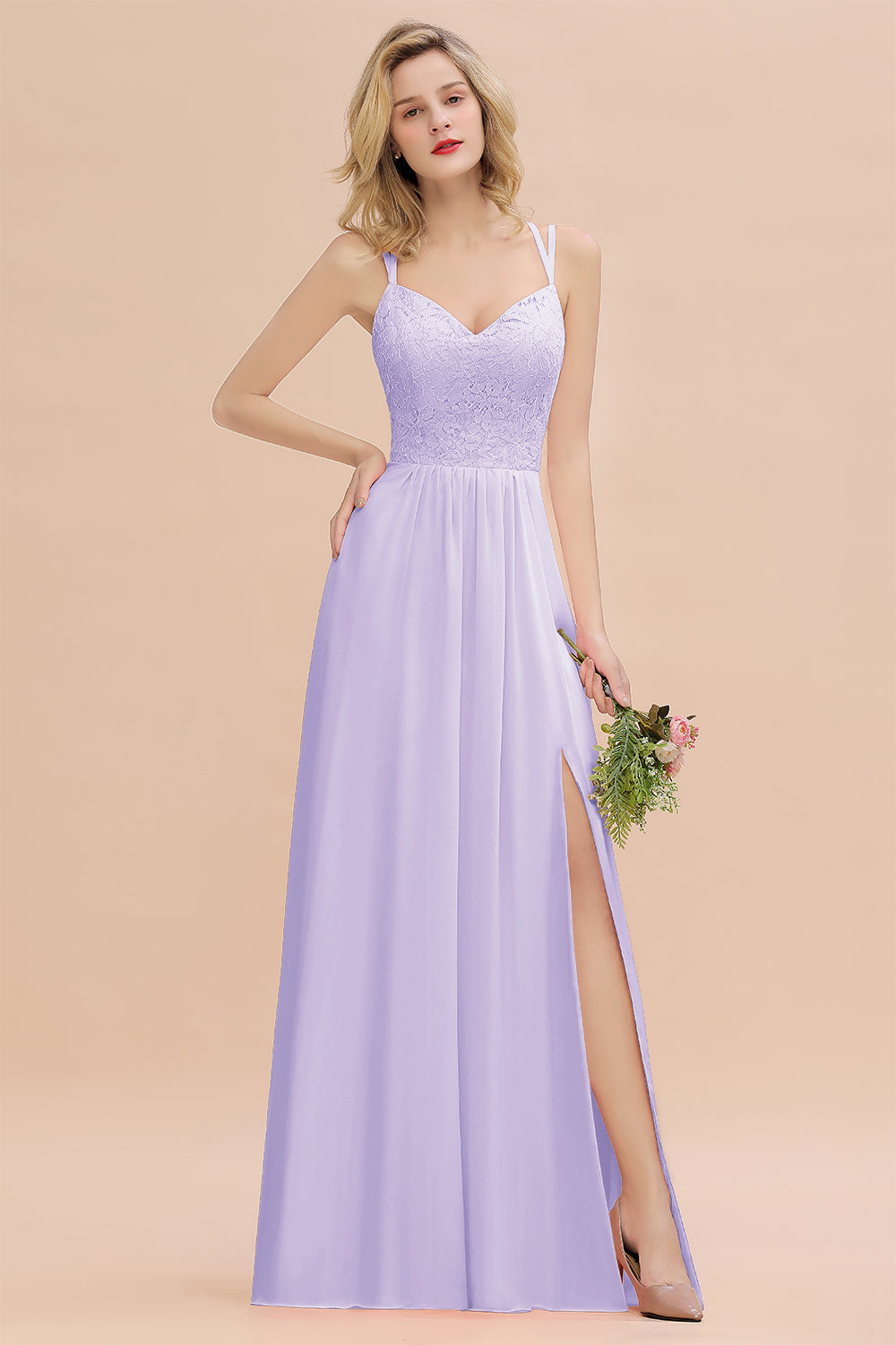 Sexy Spaghetti-Straps Coral Lace Bridesmaid Dresses with Slit