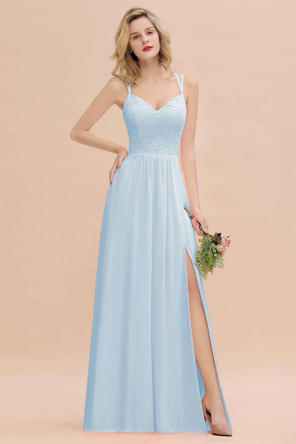 Sexy Spaghetti-Straps Coral Lace Bridesmaid Dresses with Slit