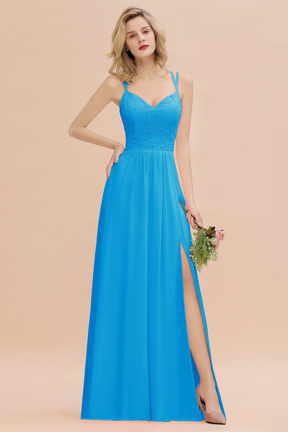Sexy Spaghetti-Straps Coral Lace Bridesmaid Dresses with Slit