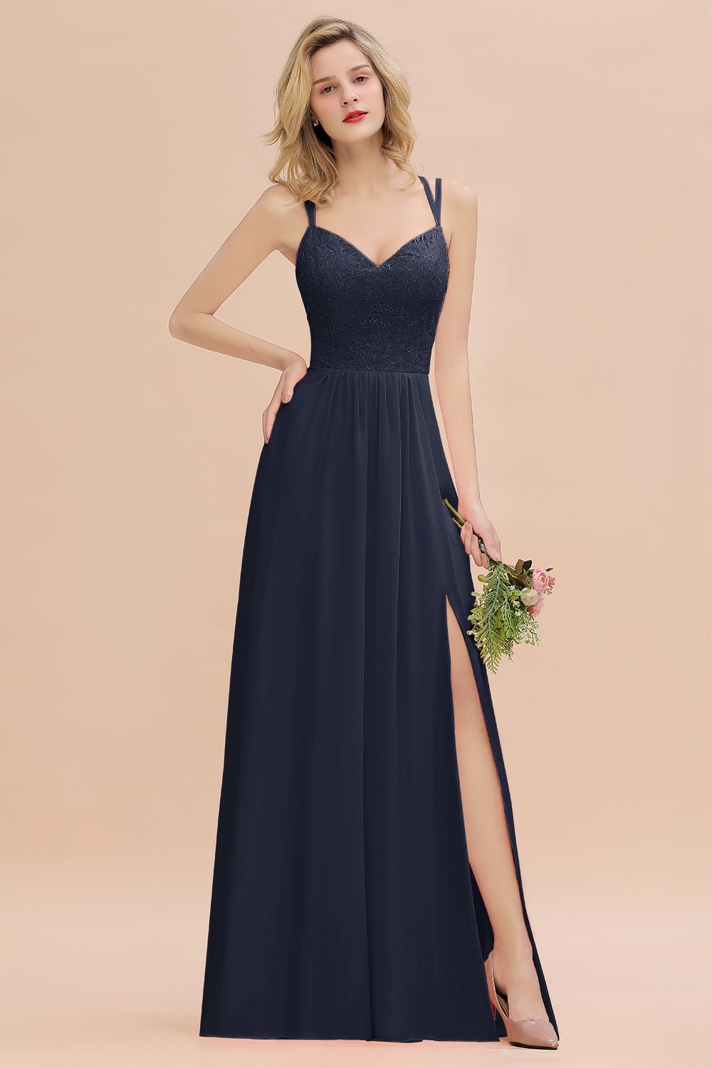 Sexy Spaghetti-Straps Coral Lace Bridesmaid Dresses with Slit