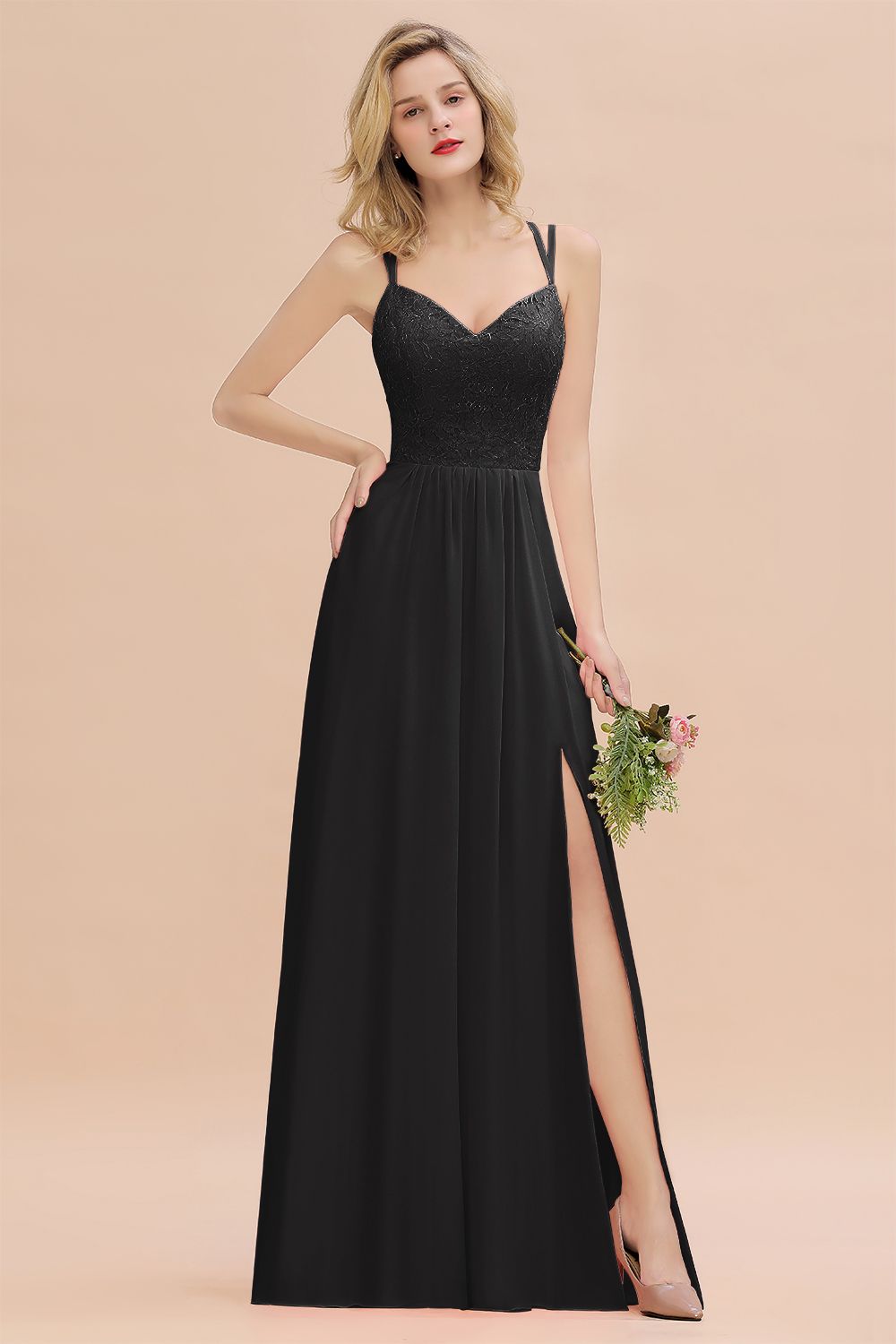 Sexy Spaghetti-Straps Coral Lace Bridesmaid Dresses with Slit