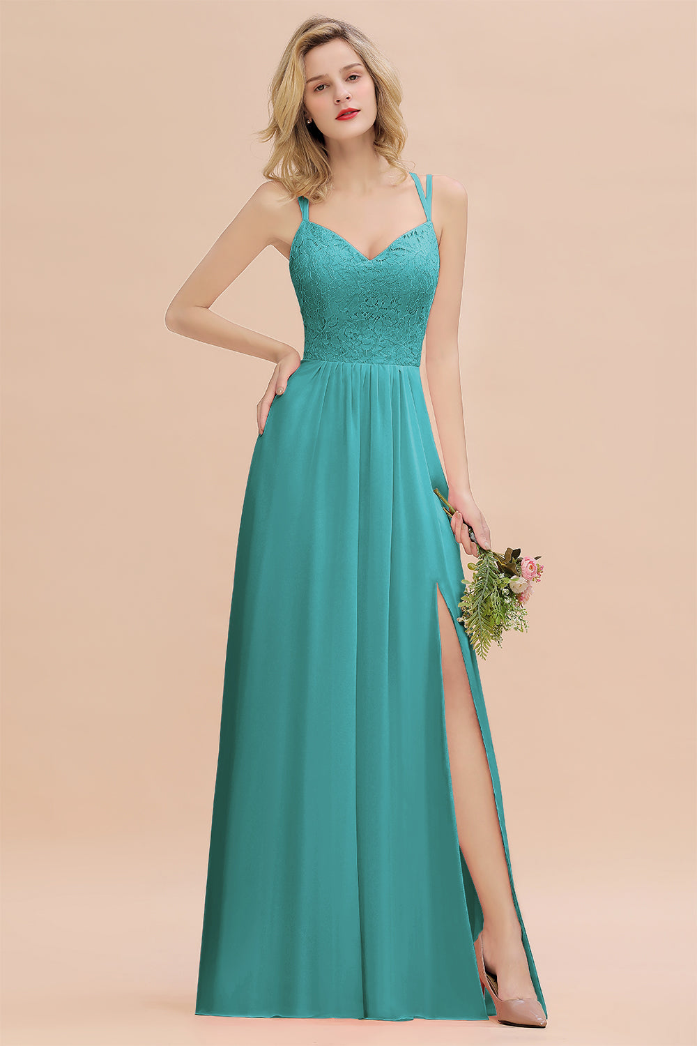Sexy Spaghetti-Straps Coral Lace Bridesmaid Dresses with Slit