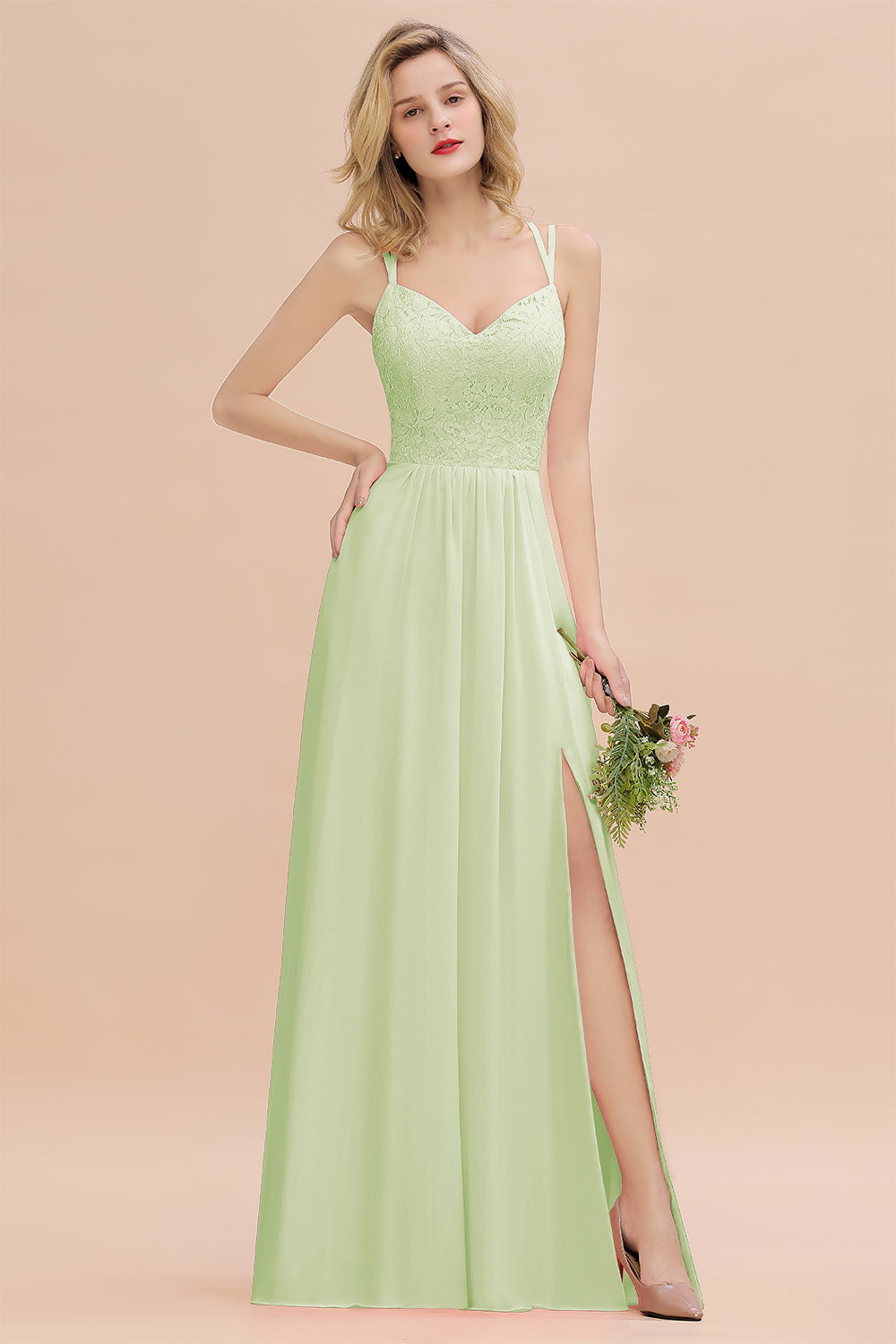 Sexy Spaghetti-Straps Coral Lace Bridesmaid Dresses with Slit