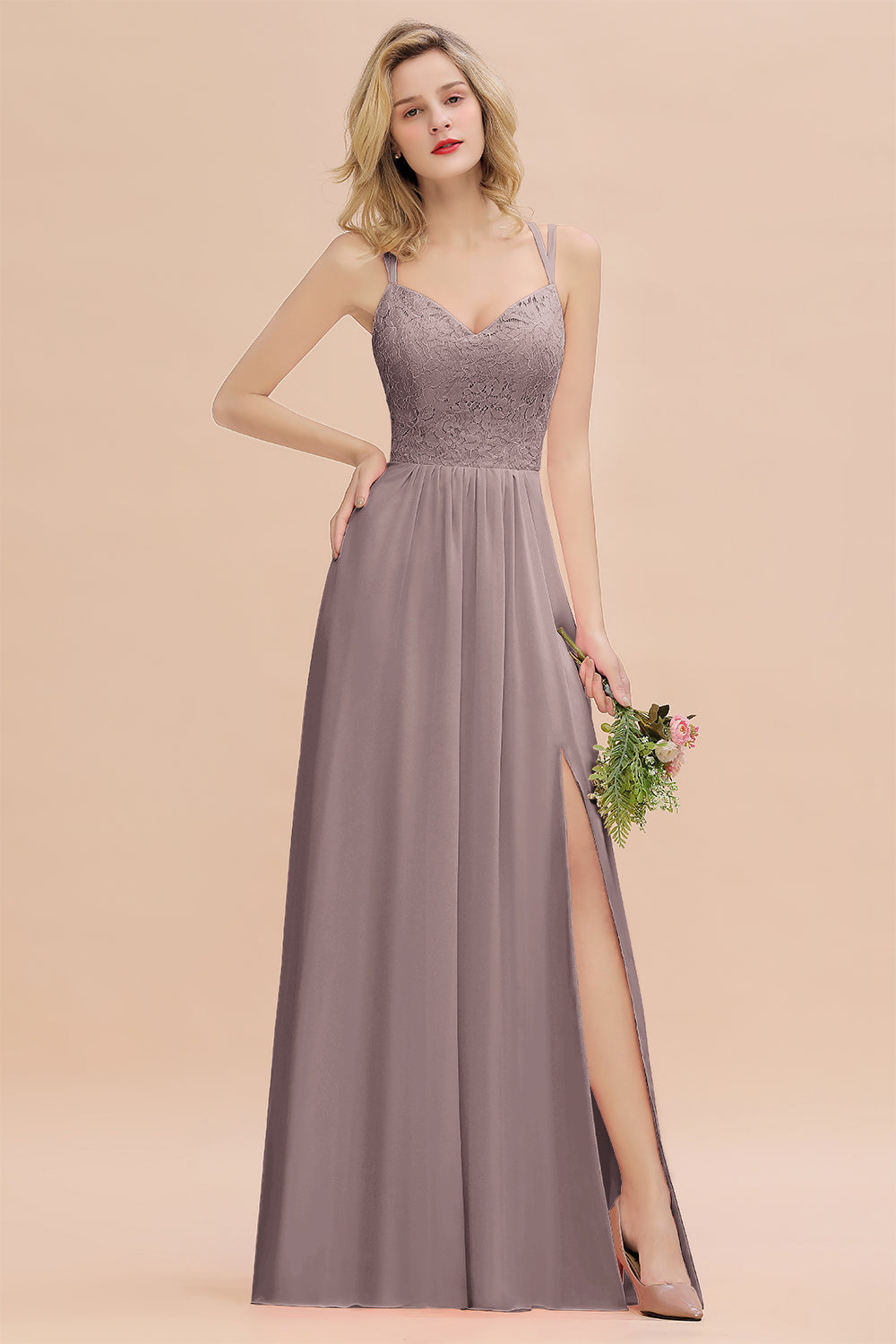 Sexy Spaghetti-Straps Coral Lace Bridesmaid Dresses with Slit