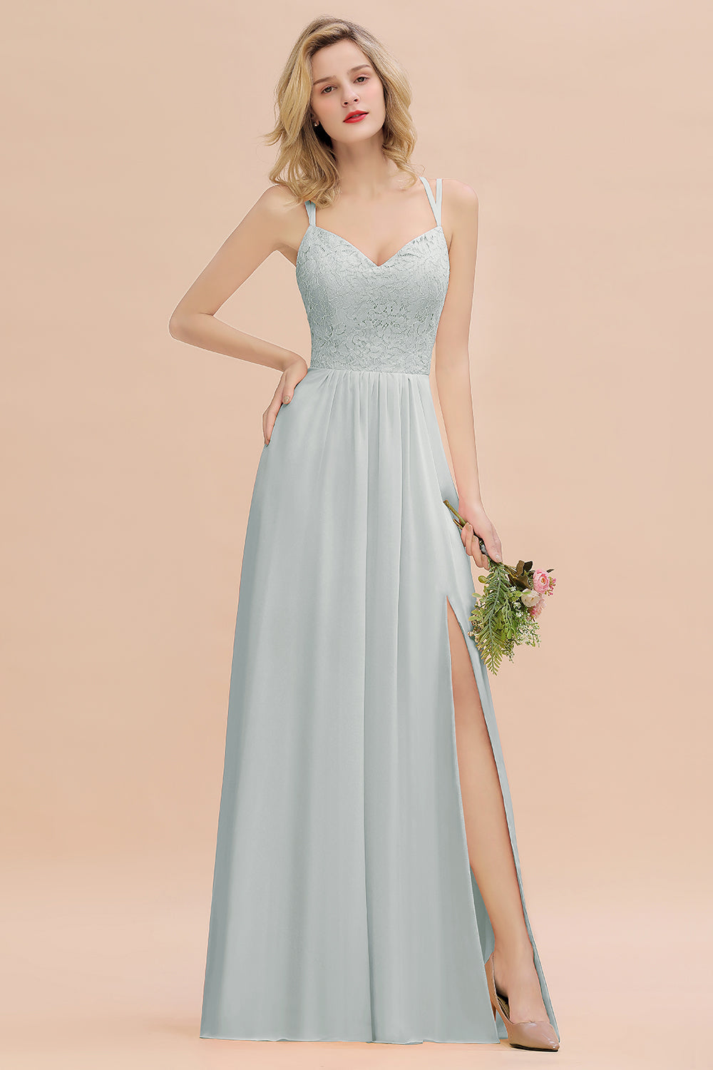 Sexy Spaghetti-Straps Coral Lace Bridesmaid Dresses with Slit