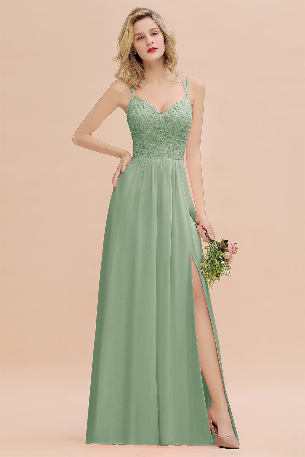 Sexy Spaghetti-Straps Coral Lace Bridesmaid Dresses with Slit