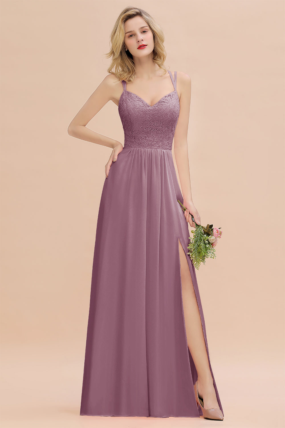 Sexy Spaghetti-Straps Coral Lace Bridesmaid Dresses with Slit