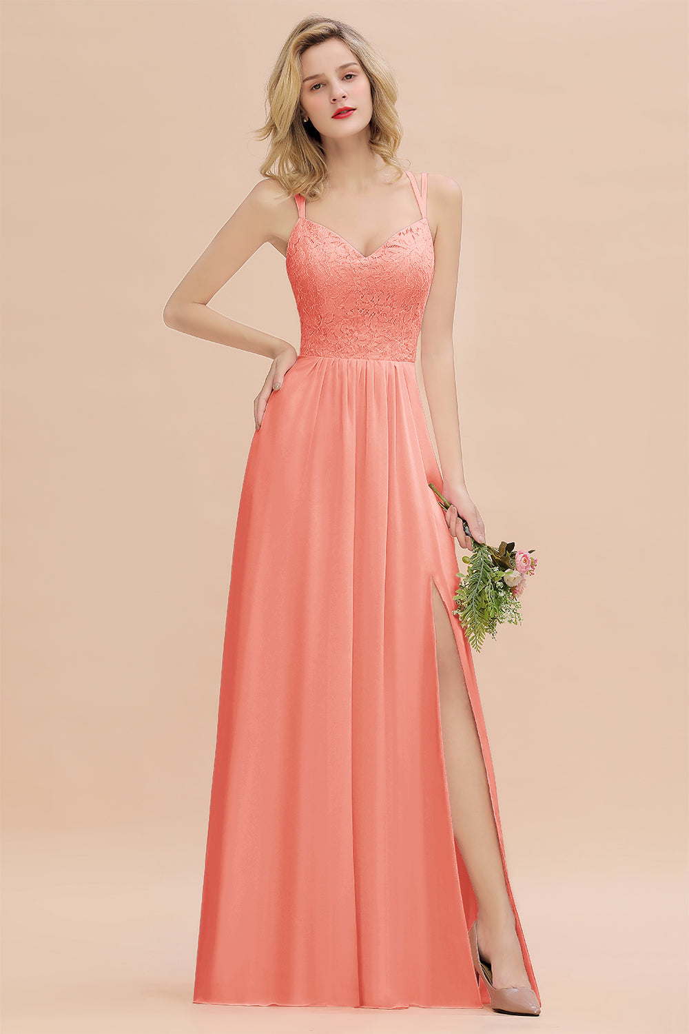 Sexy Spaghetti-Straps Coral Lace Bridesmaid Dresses with Slit