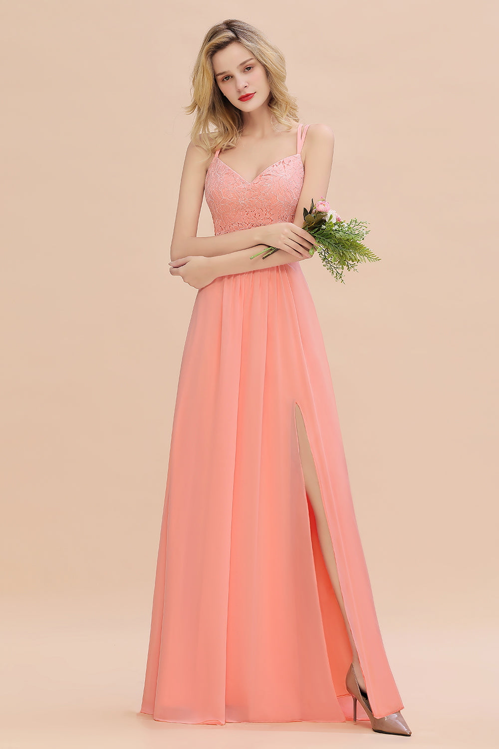 Sexy Spaghetti-Straps Coral Lace Bridesmaid Dresses with Slit