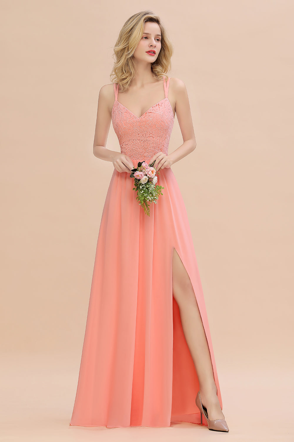 Sexy Spaghetti-Straps Coral Lace Bridesmaid Dresses with Slit
