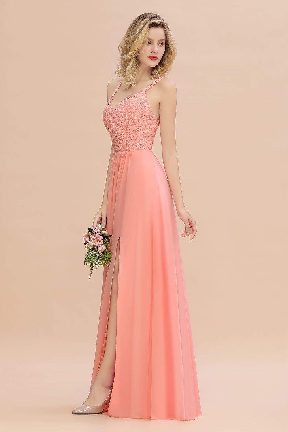 Sexy Spaghetti-Straps Coral Lace Bridesmaid Dresses with Slit